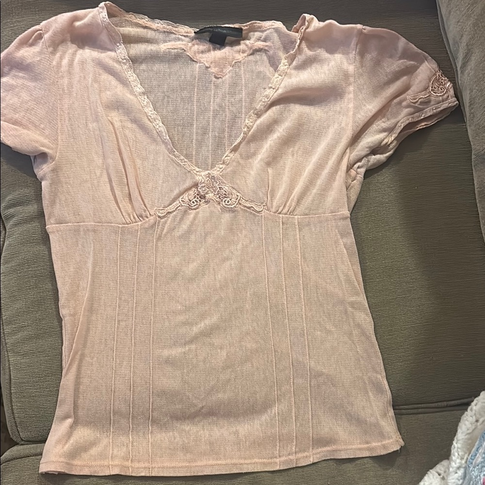 Express Light Pink Fitted Ribbed Short Sleeve Blouse